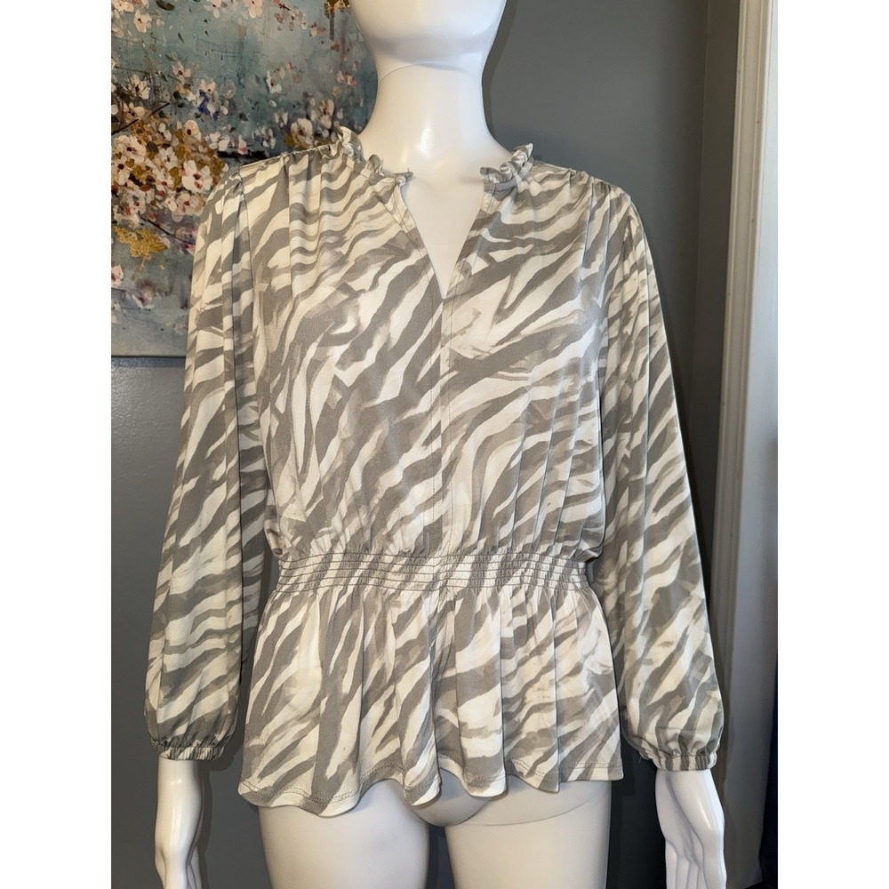 Simply Vera Wang Pullover Blouse V-Neck Long Slv Stretch‎ Gray/White Animal M